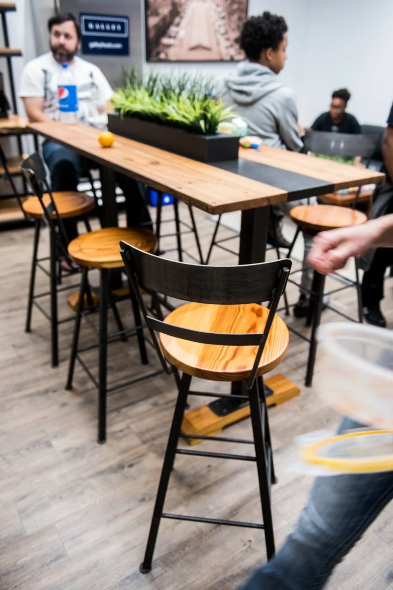 barstools with back, rustic industrial theme, pine stool seat, custom woodwork baltimore maryland