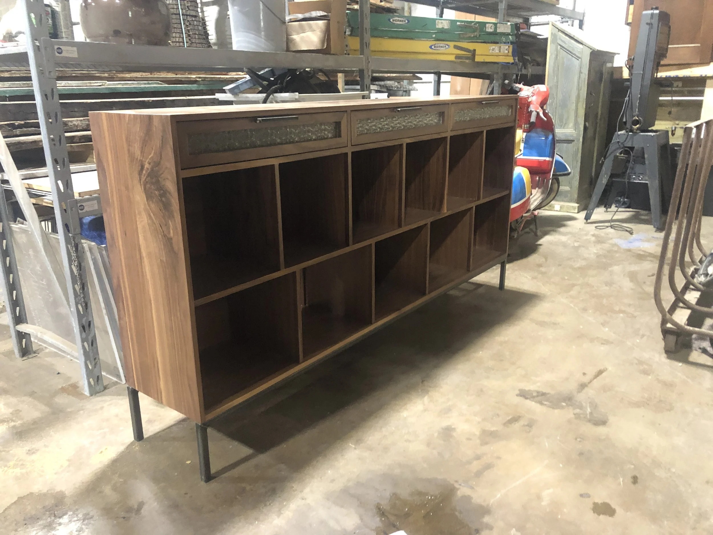 custom record storage, Walnut with steel legs, glass drawer fronts, gold drawer pulls, custom woodwork custom metalwork baltimore maryland, classy record storage, classy record storage shelving
