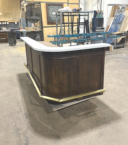 Paris cafe reception desk with bar foot rail and accent trim and stone counters, vintage look