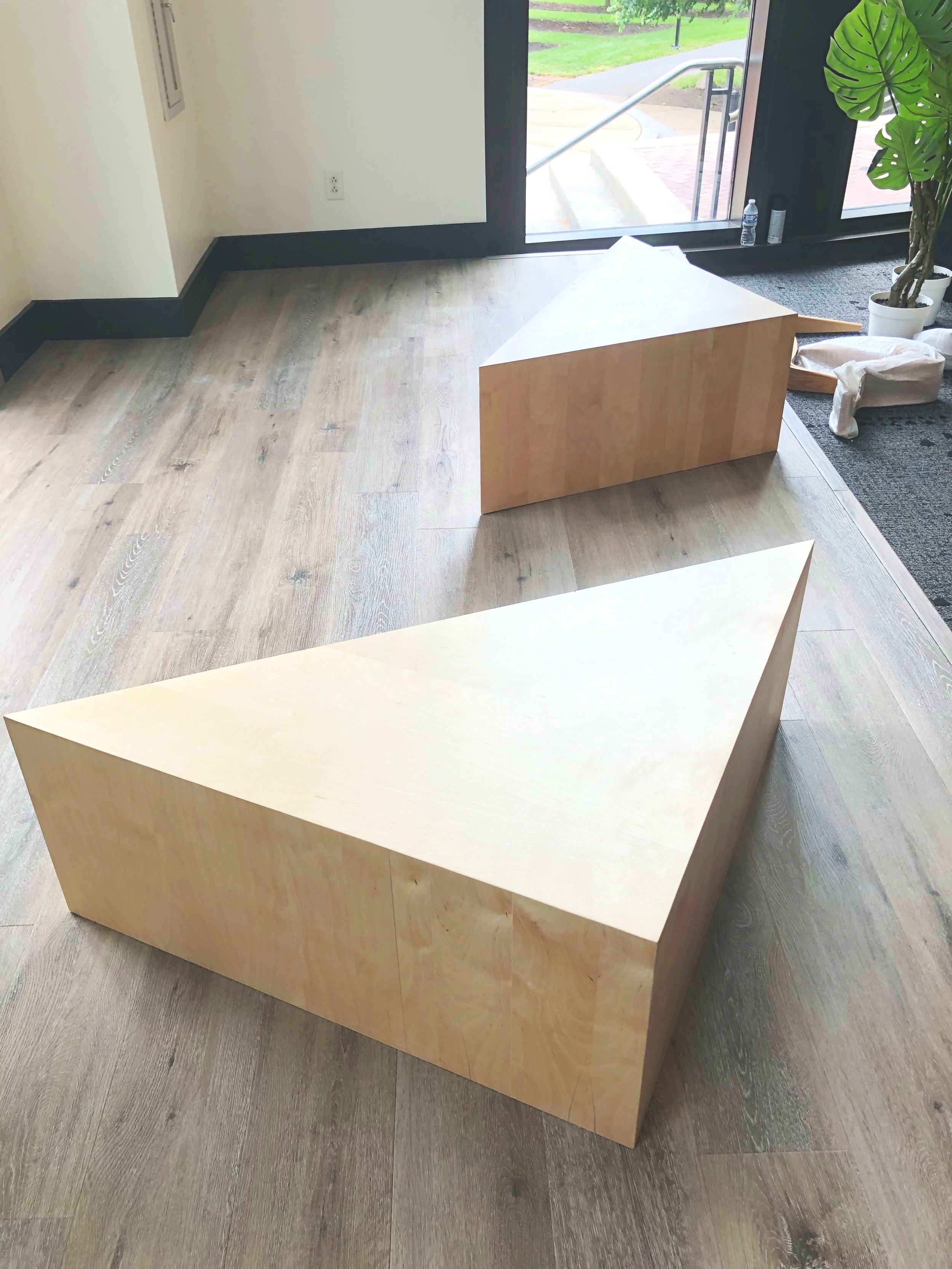 community lounge space coffee tables, triangular super modern table, baltimore maryland custom woodworking metalworking,