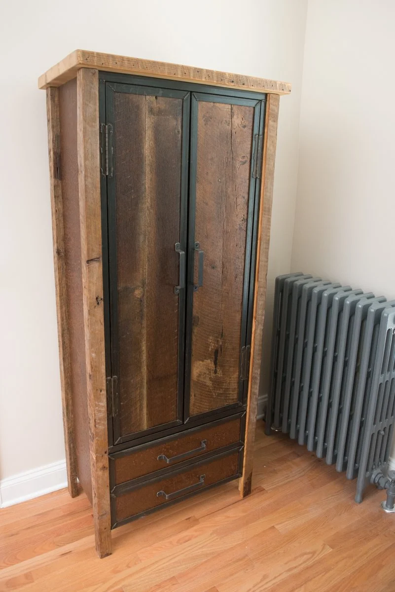armoire for small bedroom, custom rustic industrial look, custom woodwork custom metalwork baltimore maryland, drawers at the bottom, reclaimed wood and steel, rugged look, wardrobe for mens apartment