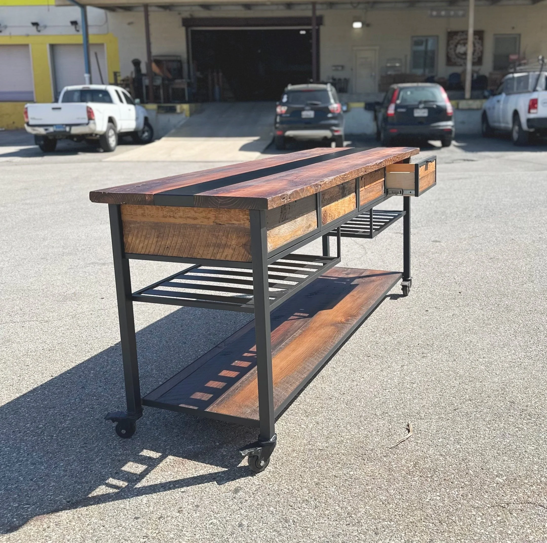 drawer and wine shelf in console table, industrial look, farm house look, baltimore maryland custom woodworking metalworking