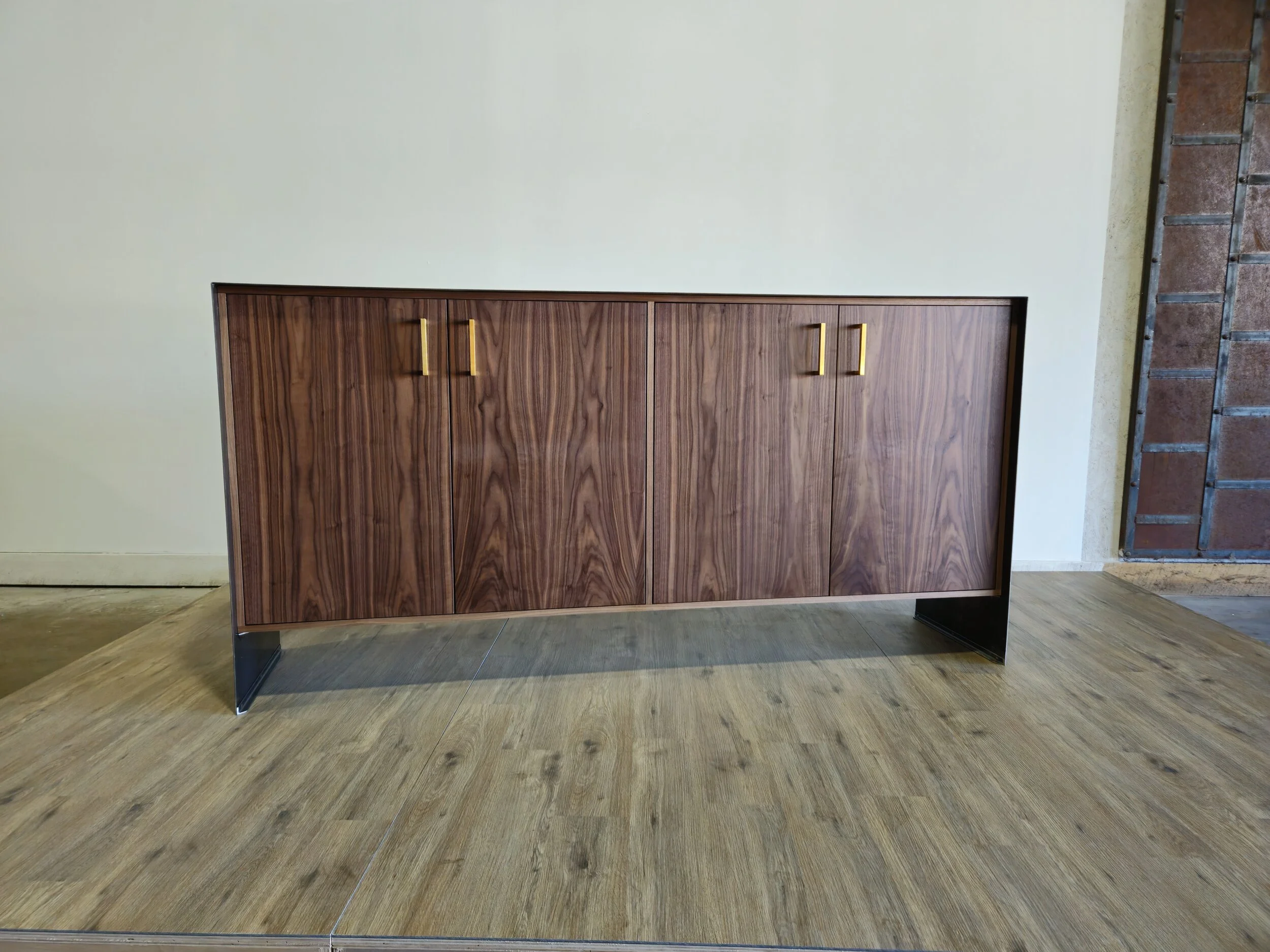 modern mimimal but still warm credenza, walnut with steel, gold accents, custom woodwork custom metalwork baltimore maryland,
