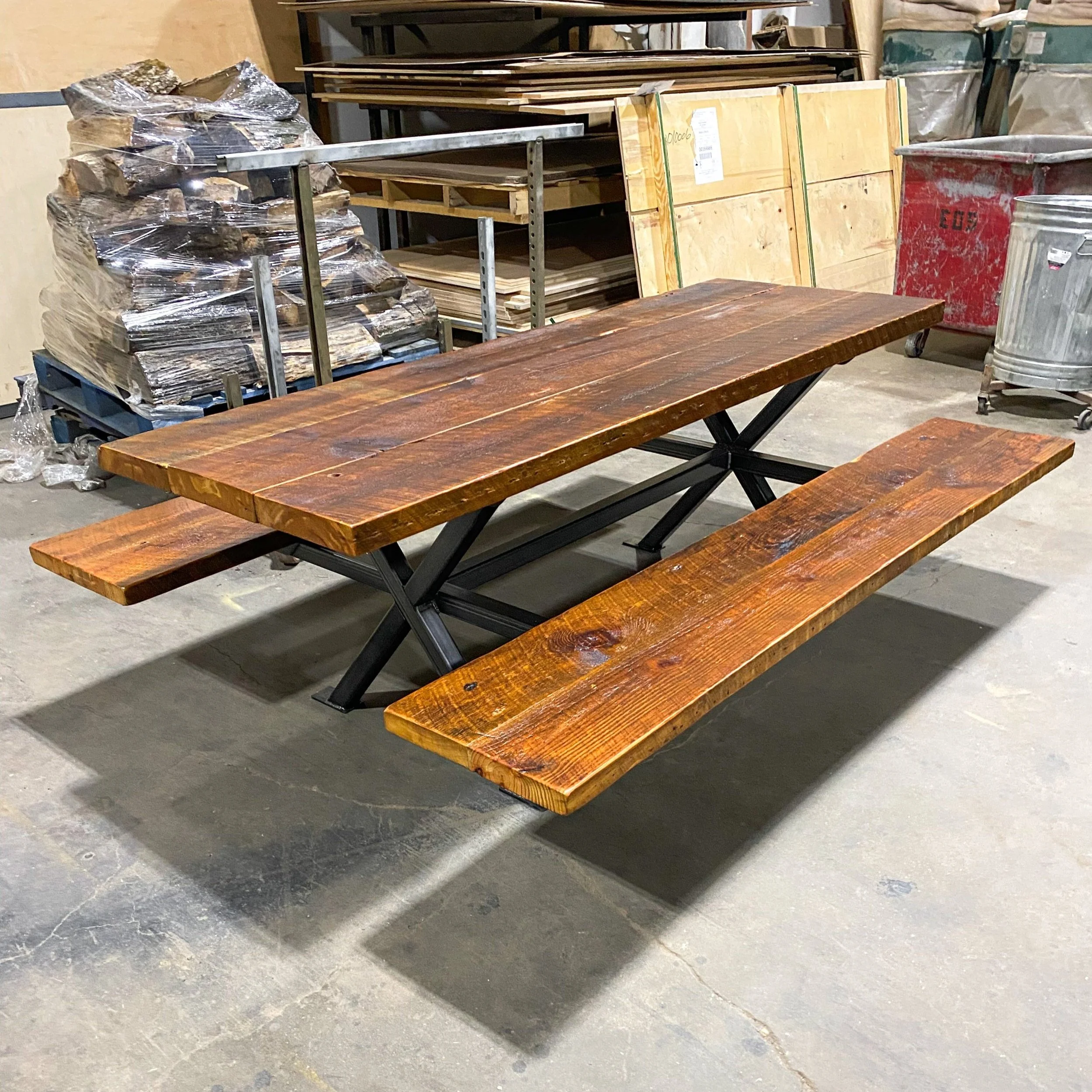 reclaimed pine and steel rustic industrial picnic benchEverything Anything Wood and Metal