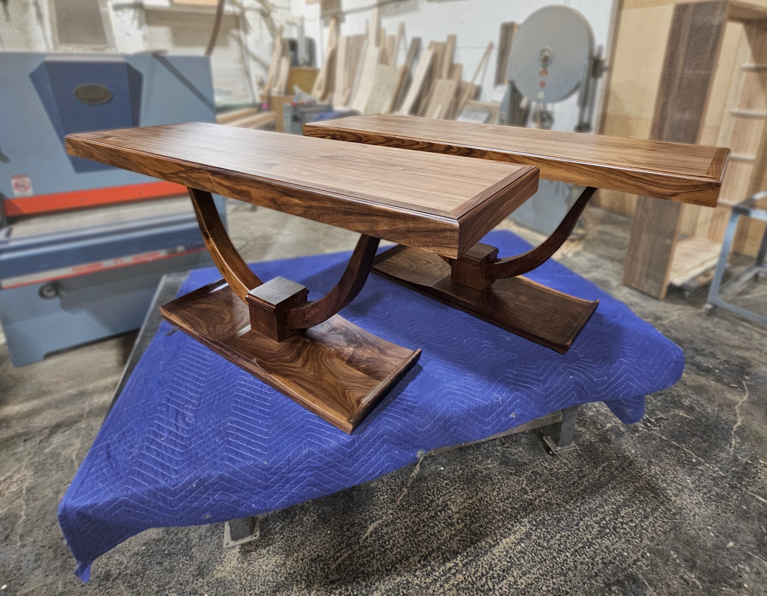 high end pair of matching tables in walnut, unique refined antique design custom