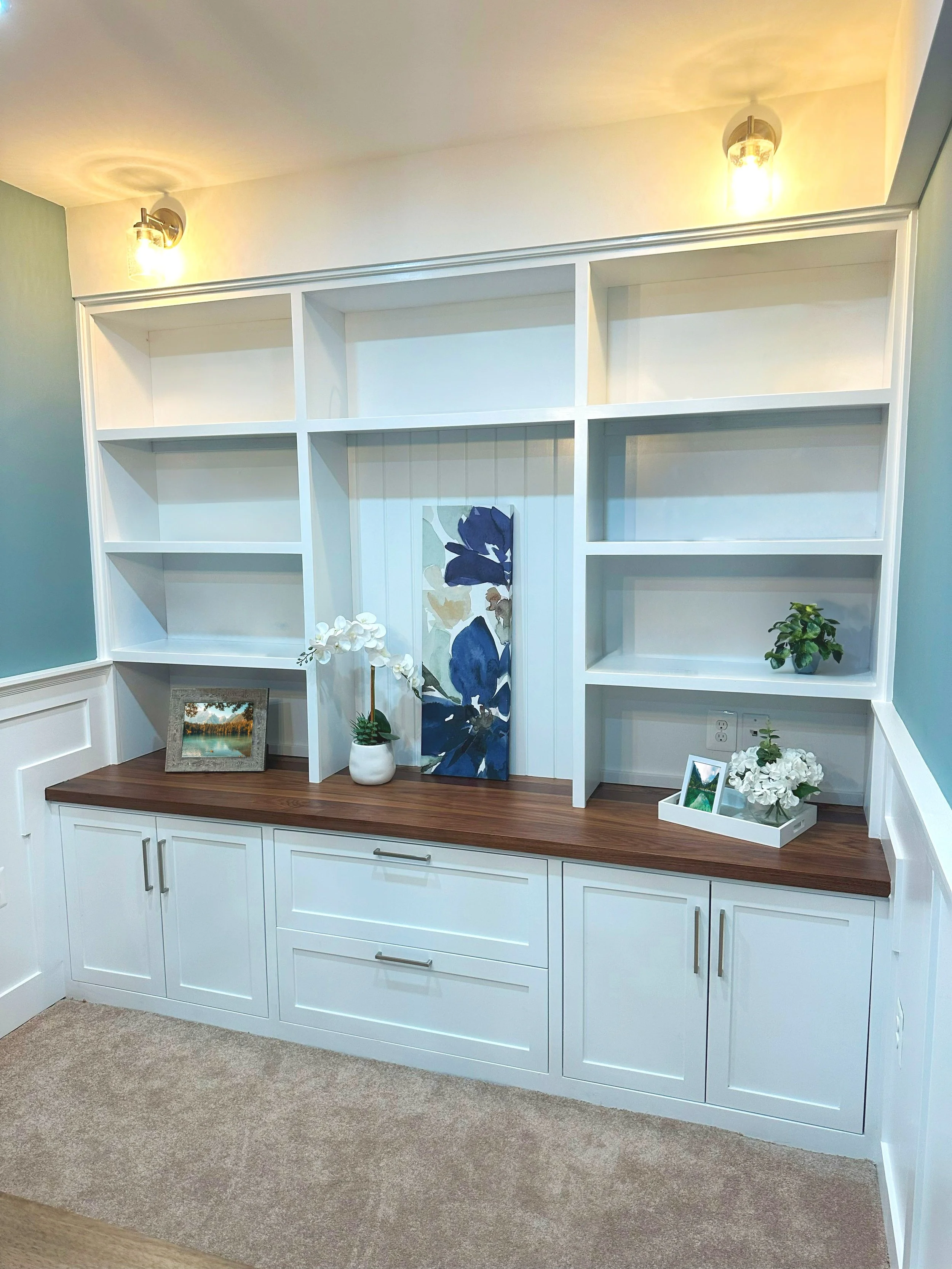 custom shelving and cabinetry for a basement office, modern clean basement office, custom woodwork custom metalwork baltimore maryland, custom office storage