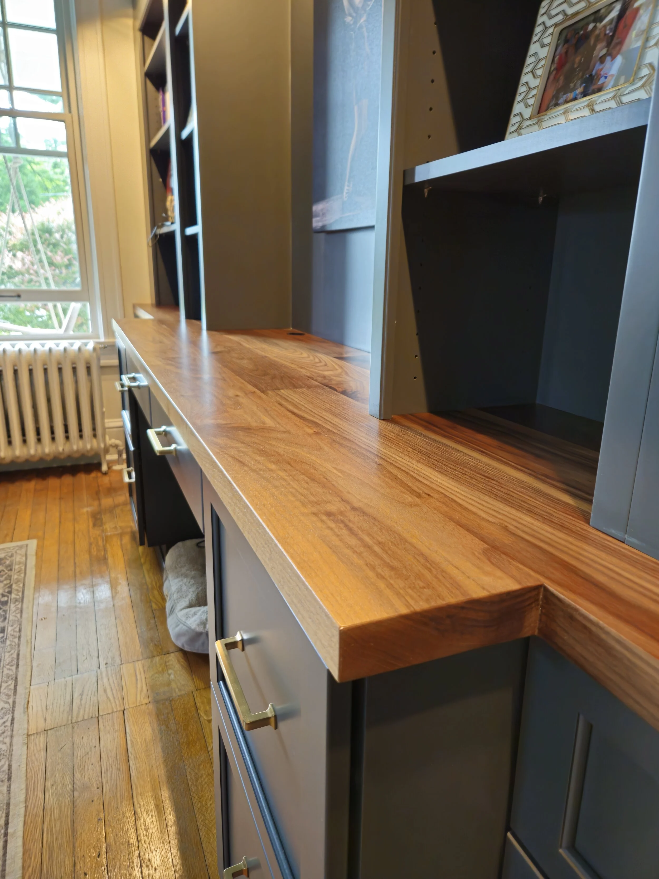 walnut office desk counter, dark wood counter, custom for built in cabinetry, custom wood and metal work baltimore maryland