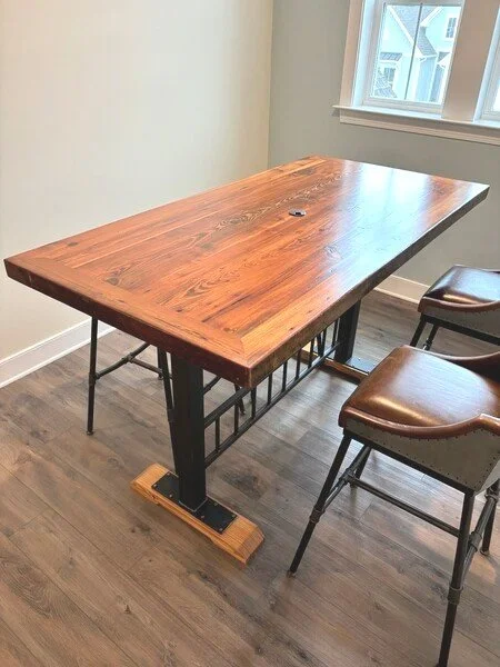 rustic farmhouse counter height dining table, baltimore maryland custom woodworking metalworking