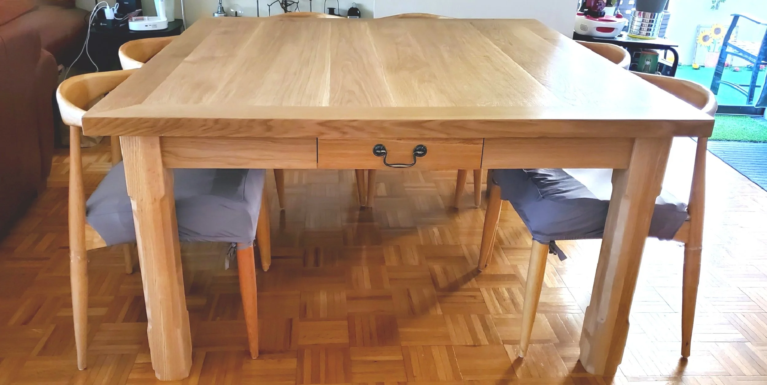 farmhouse table, rustic refined, updated antique look, small drawers under table top