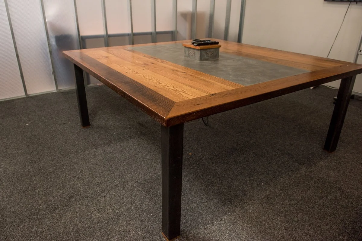 oversized coffee table, zinc inlay, natural patina zinc, steel legs, pop up outlet and remote holder, baltimore maryland custom woodworking metalworking, rustic look design