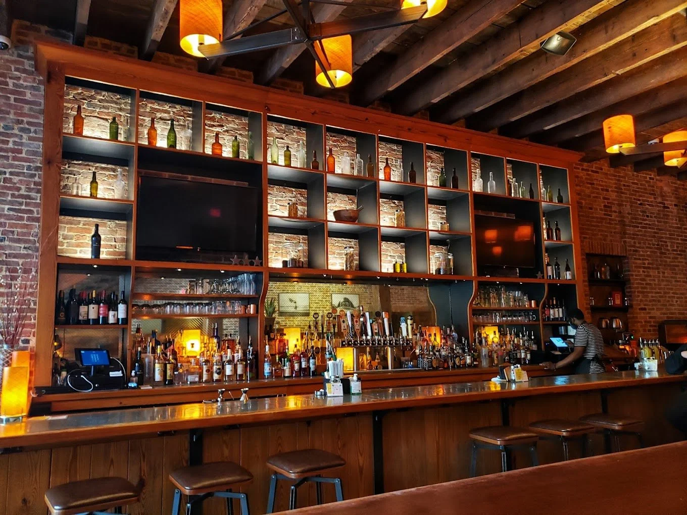soli wood back bar custom finish, high end restaurant interior