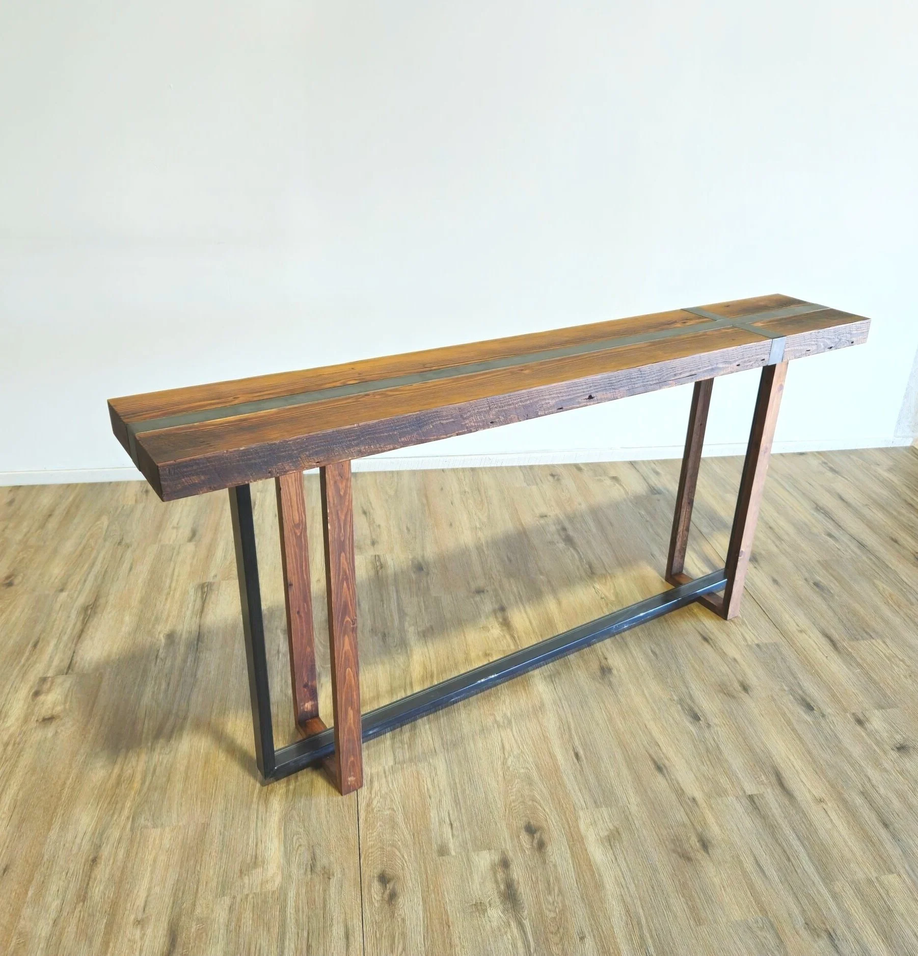 rustic farmhouse console table, rustic mimilalist, steel accents, baltimore maryland custom woodworking metalworking, square legs