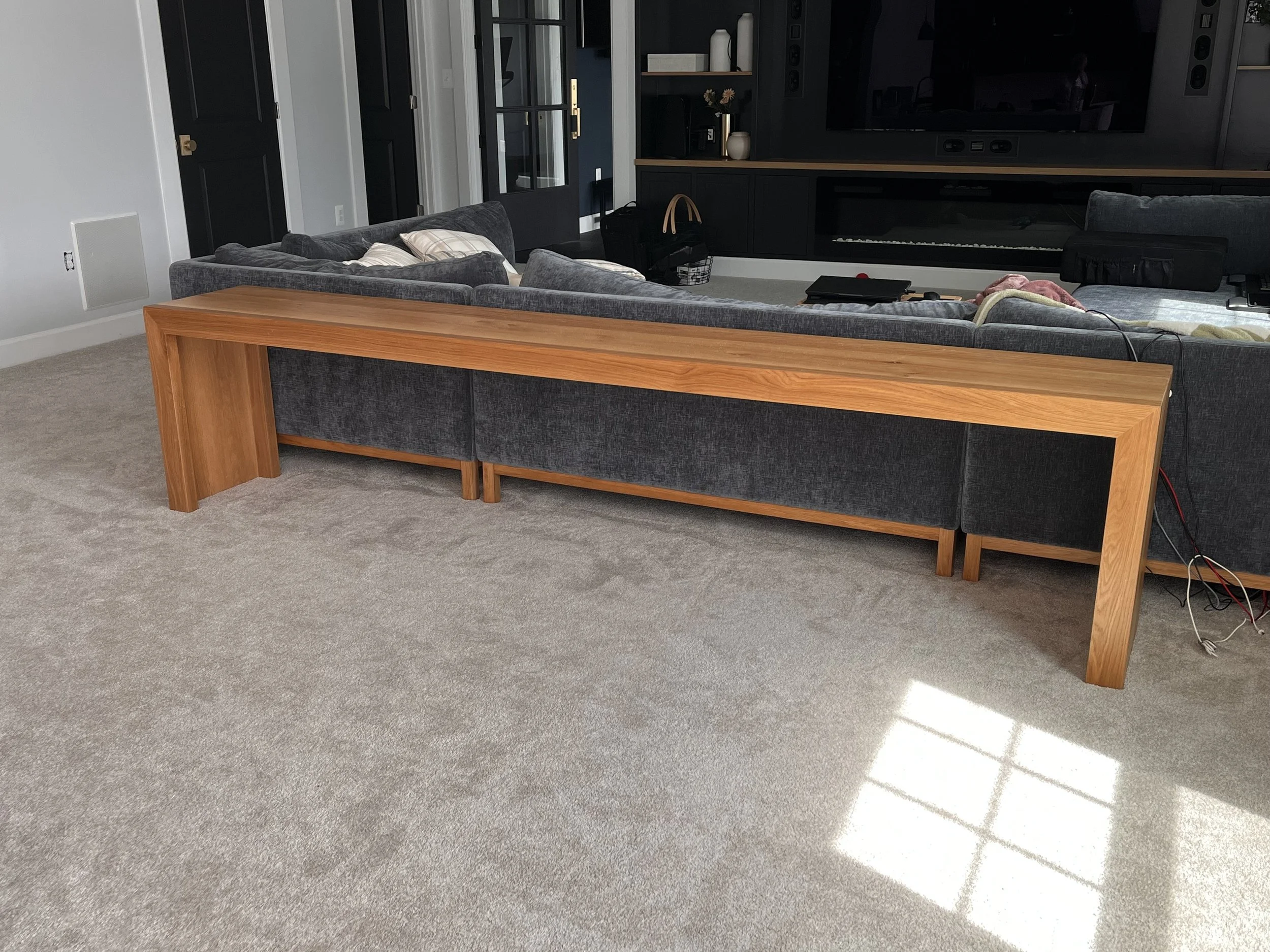 modern minimalist console table, waterfall parsons style, sofa table couch side table