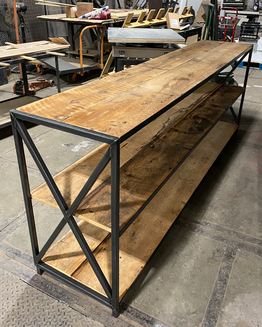 rustic console table steel and reclaimed wood, rugged and refined, custom woodwork custom metalwork baltimore maryland, x ends, three shelves