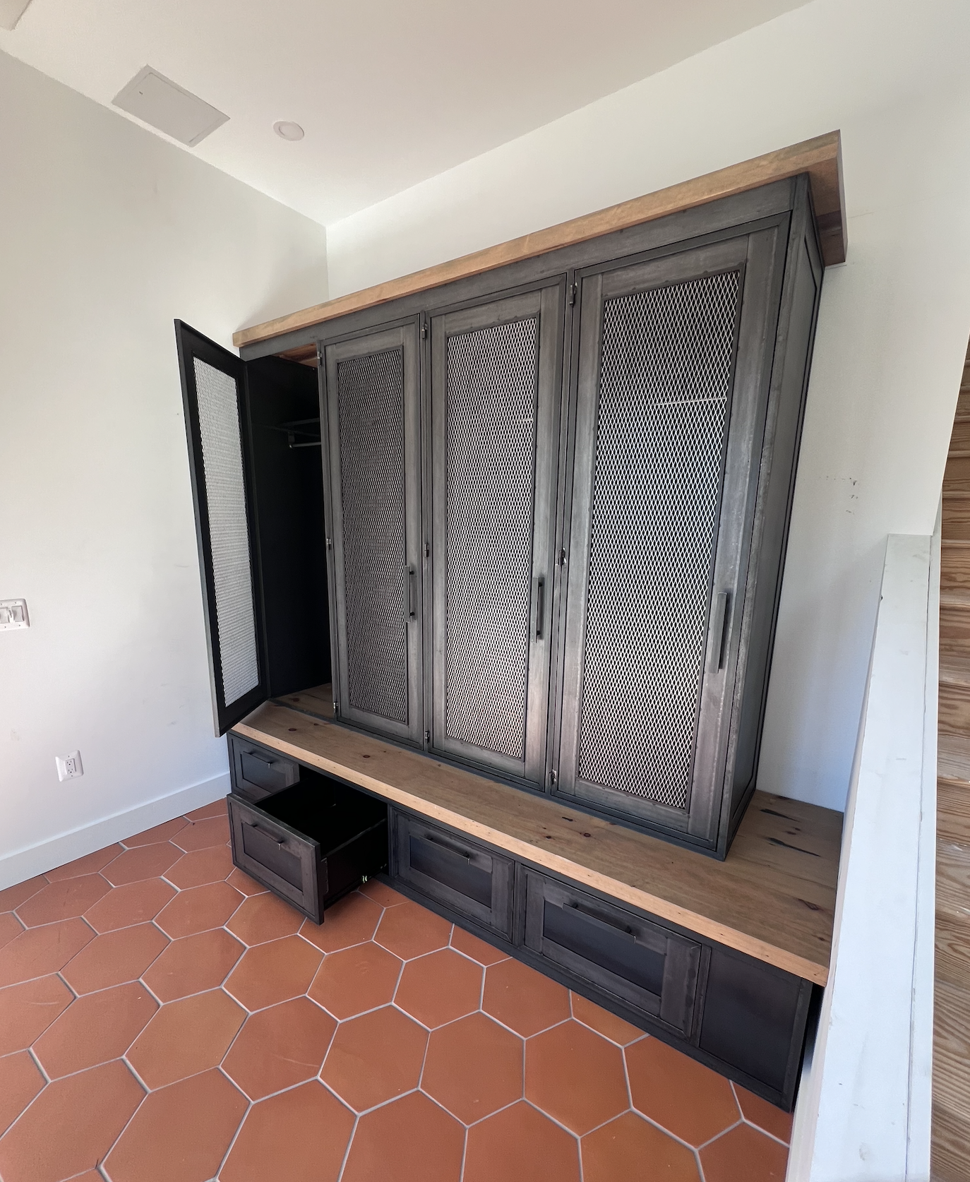 custom woodwork custom metalwork baltimore maryland,  industrial look steel lockers for mudroom, industrial mudroom storage