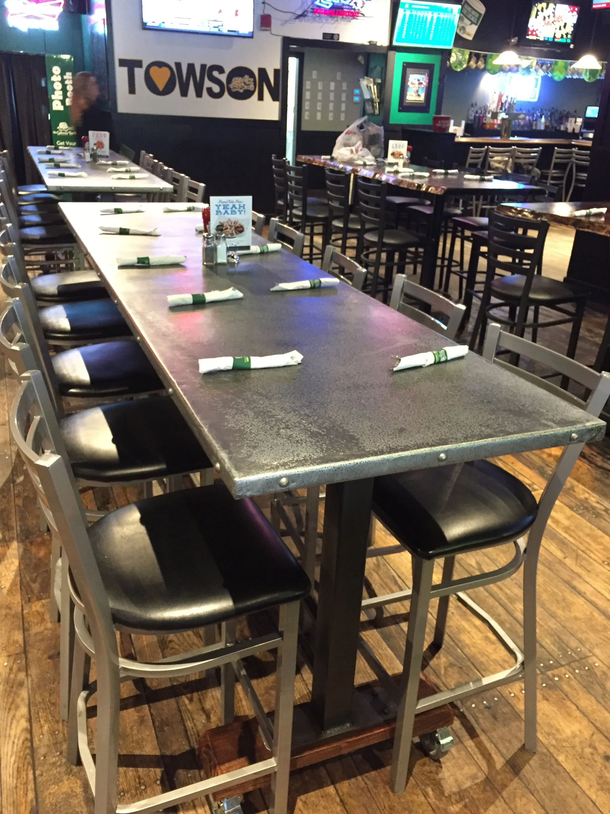 zinc top, metal wrapped dining table, natural patina, industrial look restaurant, baltimore maryland custom woodworking metalworking
