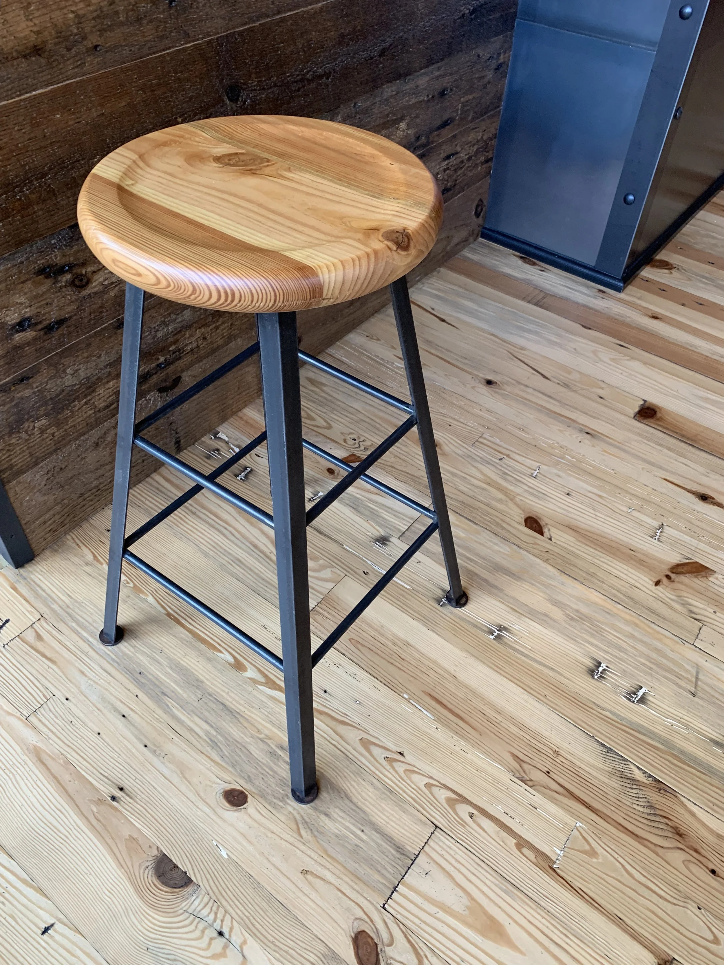 wood and metal cowboy bar stool, custom woodwork metalwork baltimore maryland, pine top barstool with sturdy metal base