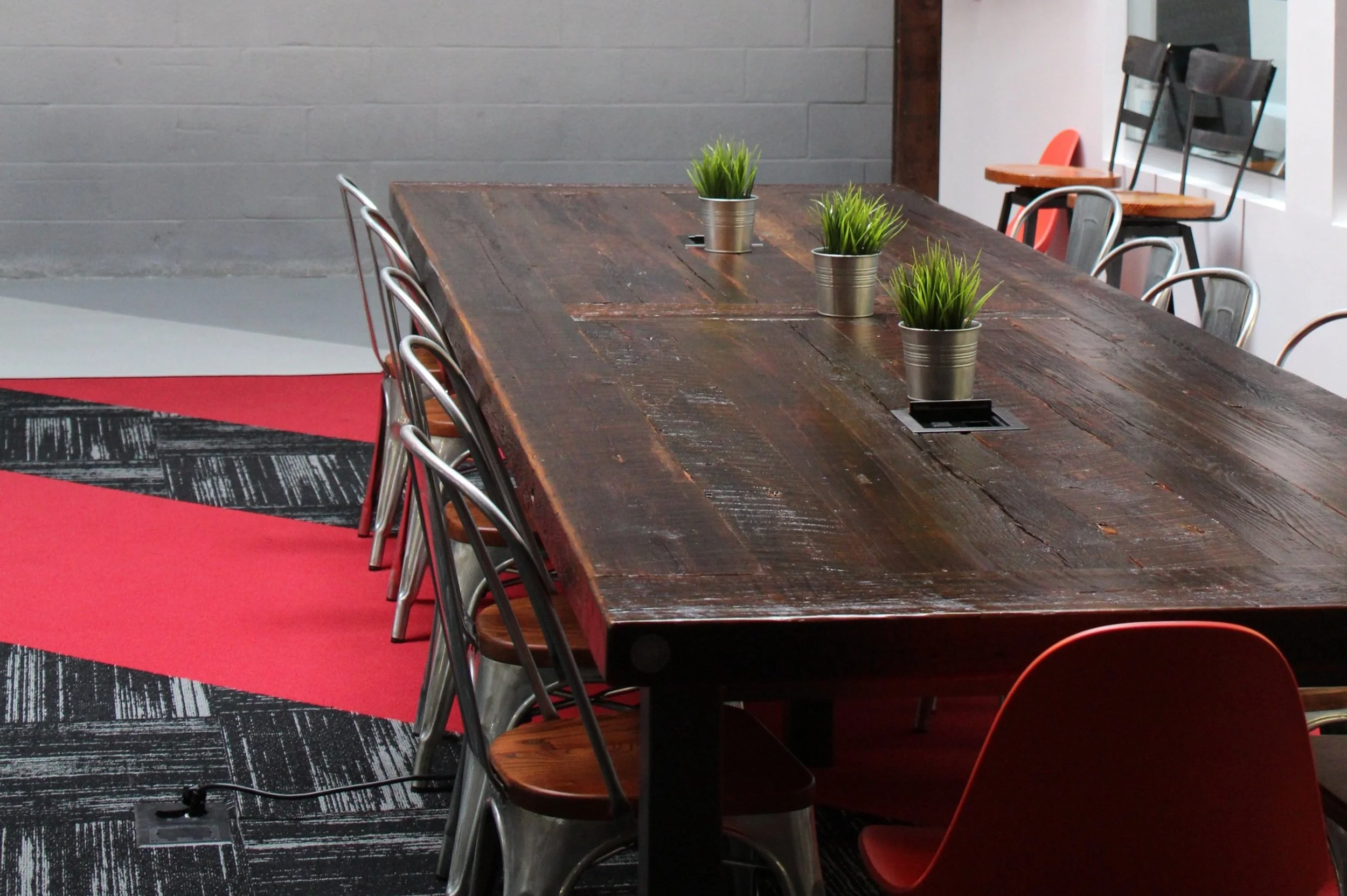 dining table, office co working table, office lunchroom, baltimore maryland custom woodworking metalworking, rugged and raw look, industrial look