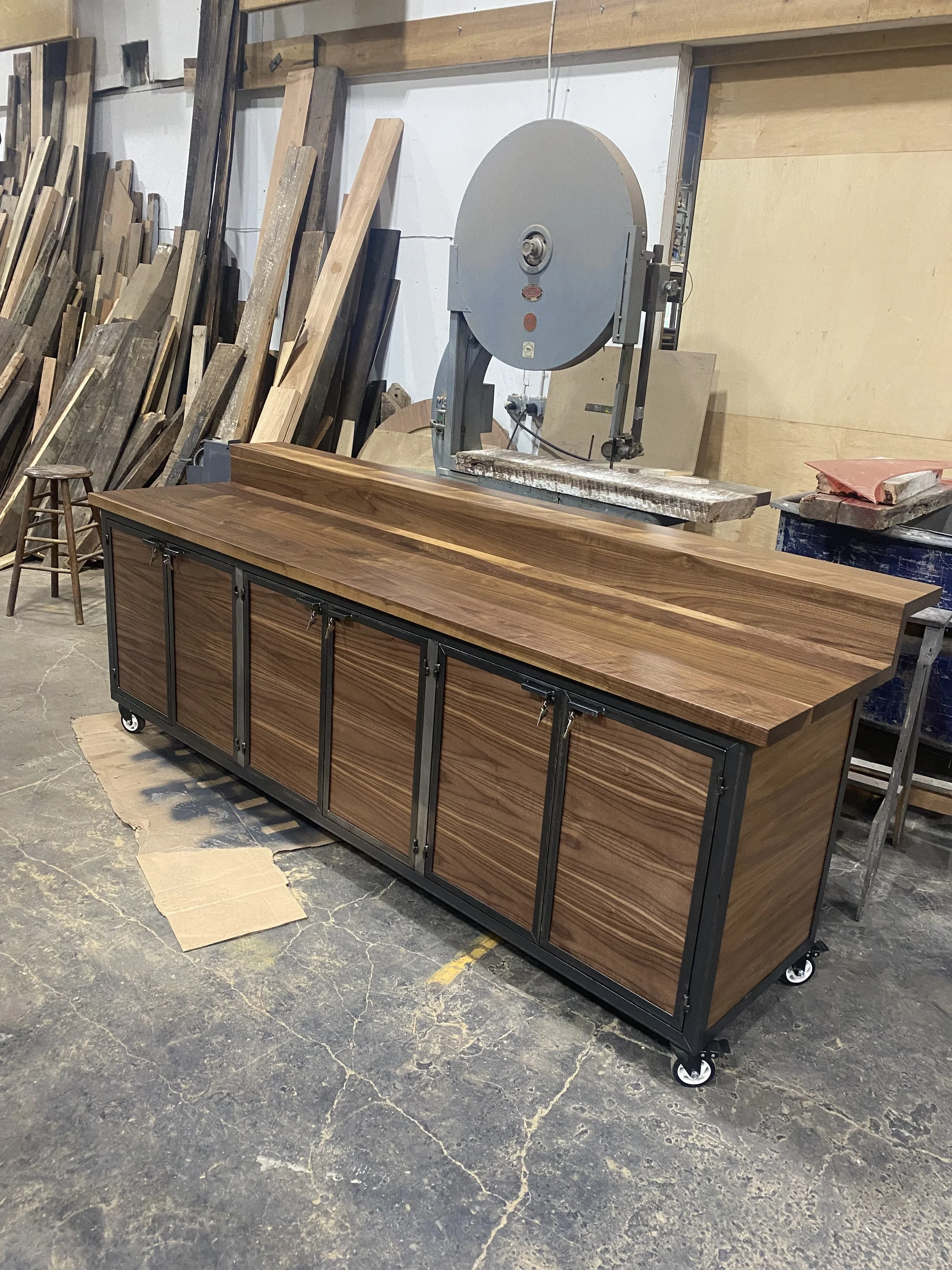 solid wood with metal frame mobile bar for office kitchen, good for parties and coworking space, custom metalwork woodworking carpentry baltimore maryland