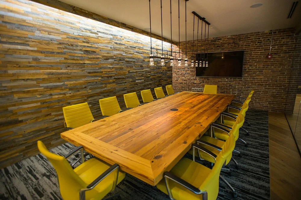refined rustic reclaimed wood conference table with outlets cable management
