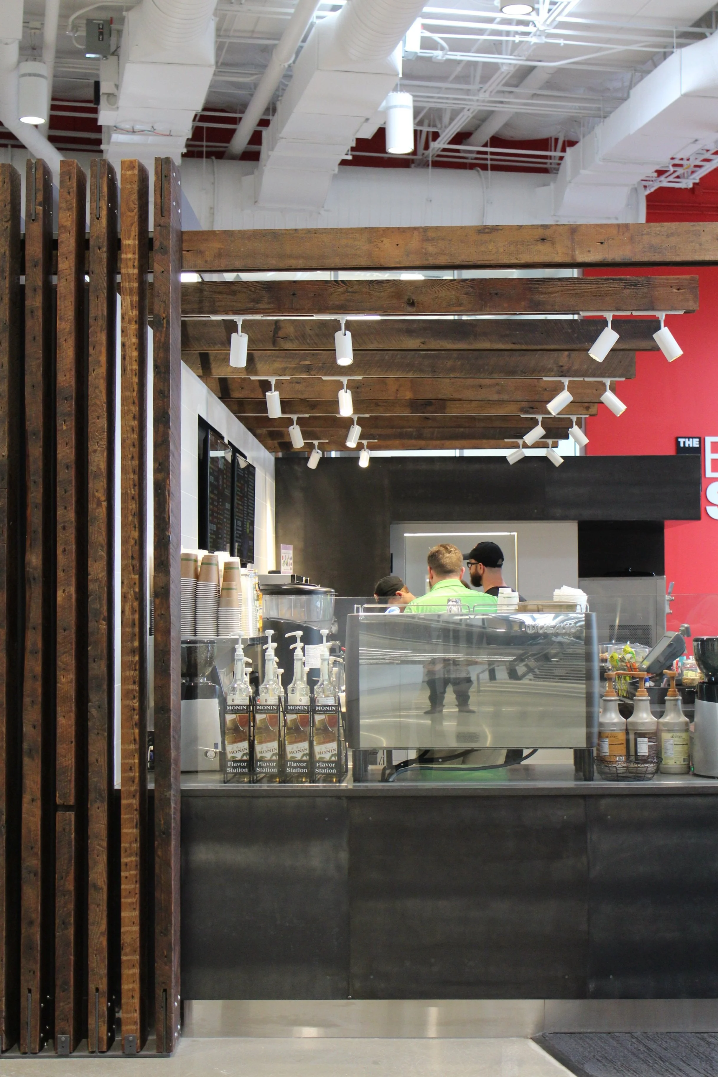 modern industiral beams cafe accent feature, custom woodworking custom metalworking baltimore maryland