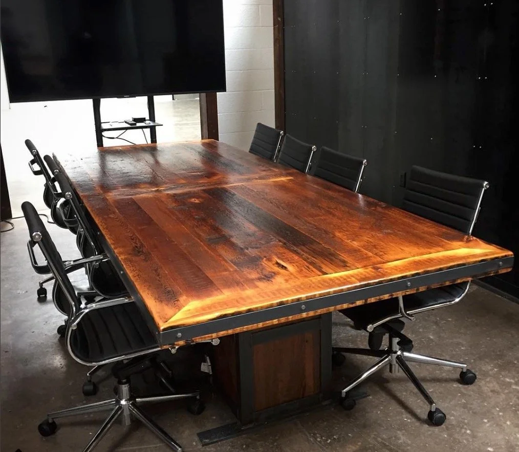 reclaimed pine conference table with steel accents industrial rustic design