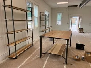 custom woodwork custom metalwork baltimore maryland, ceramics studio pretty storage shelves with matching work tables, storage under work table, art studio functional furniture