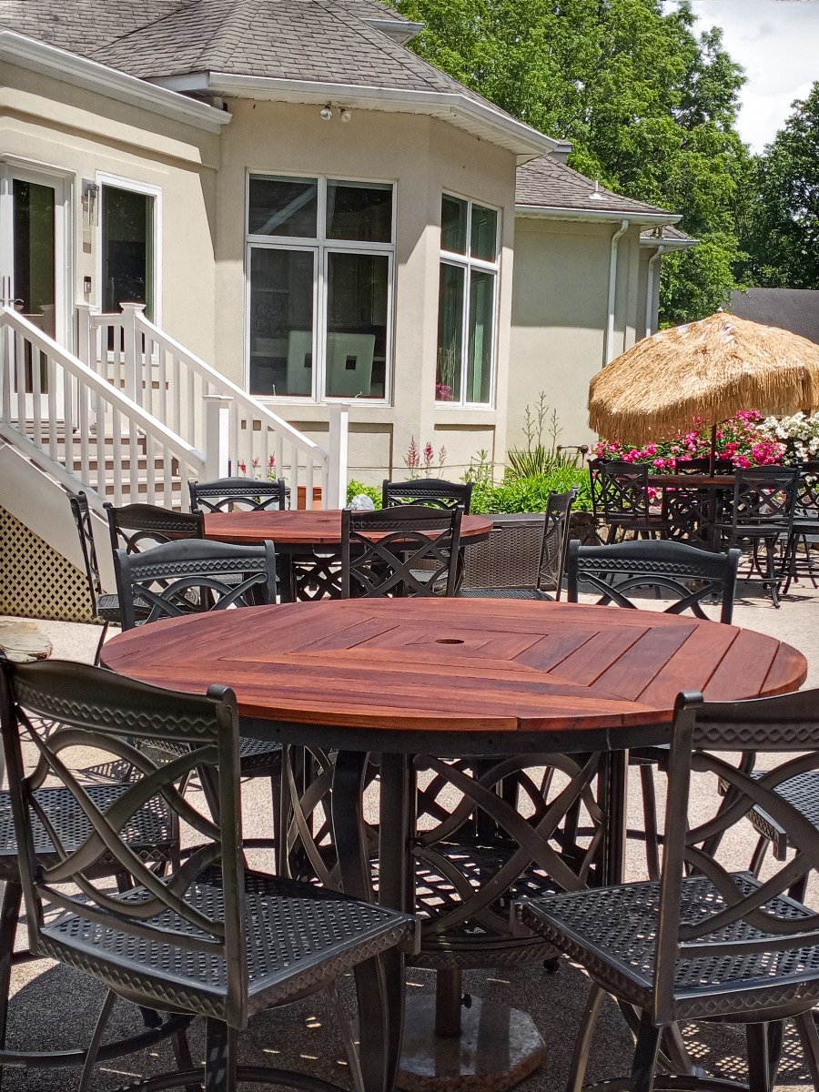 Everything Anything Wood and Metal residential outdoor teak dining tables set of three with umbrella stand