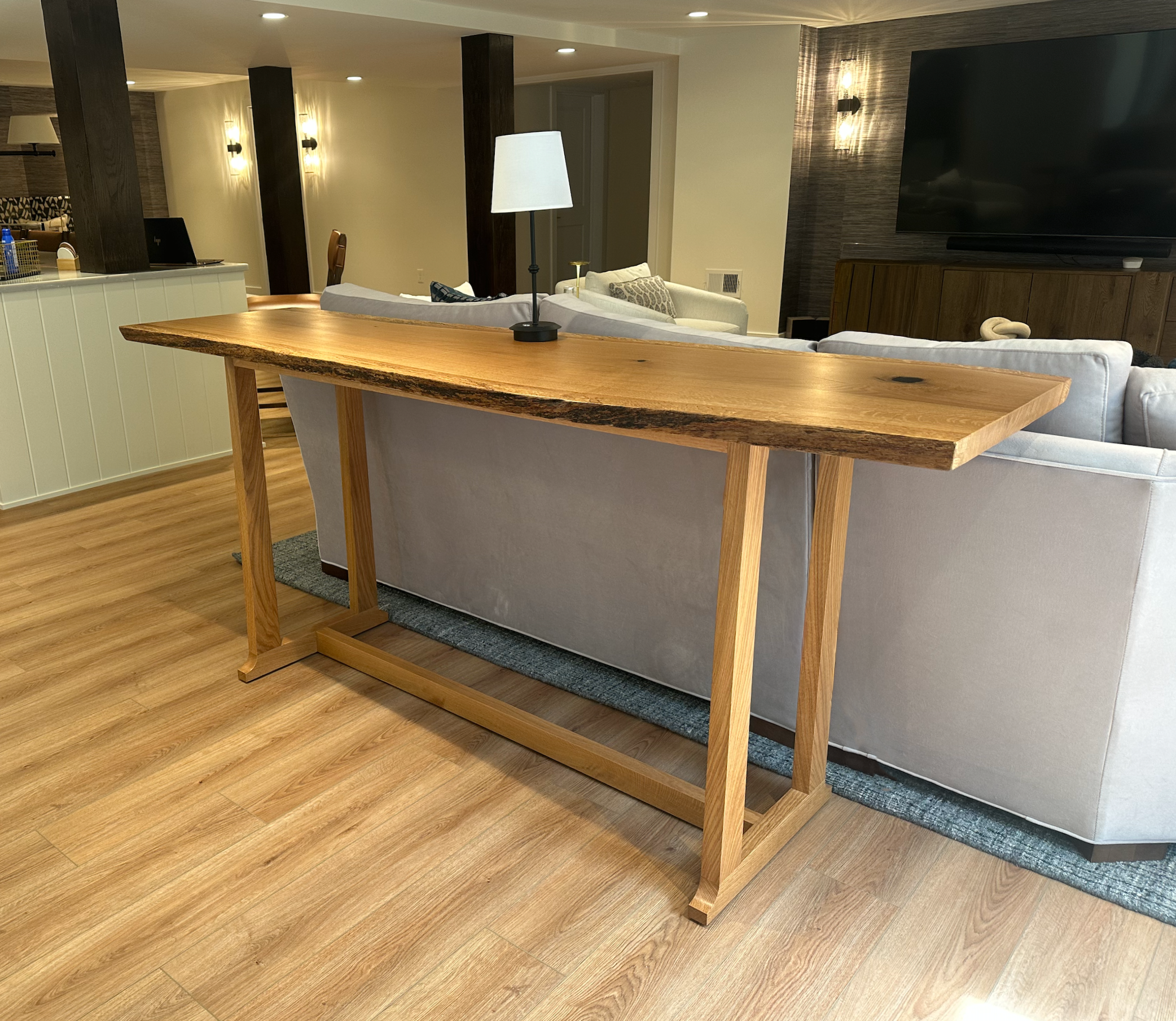 live edge slab console table, sofa table, table behind sofa, warm toned table