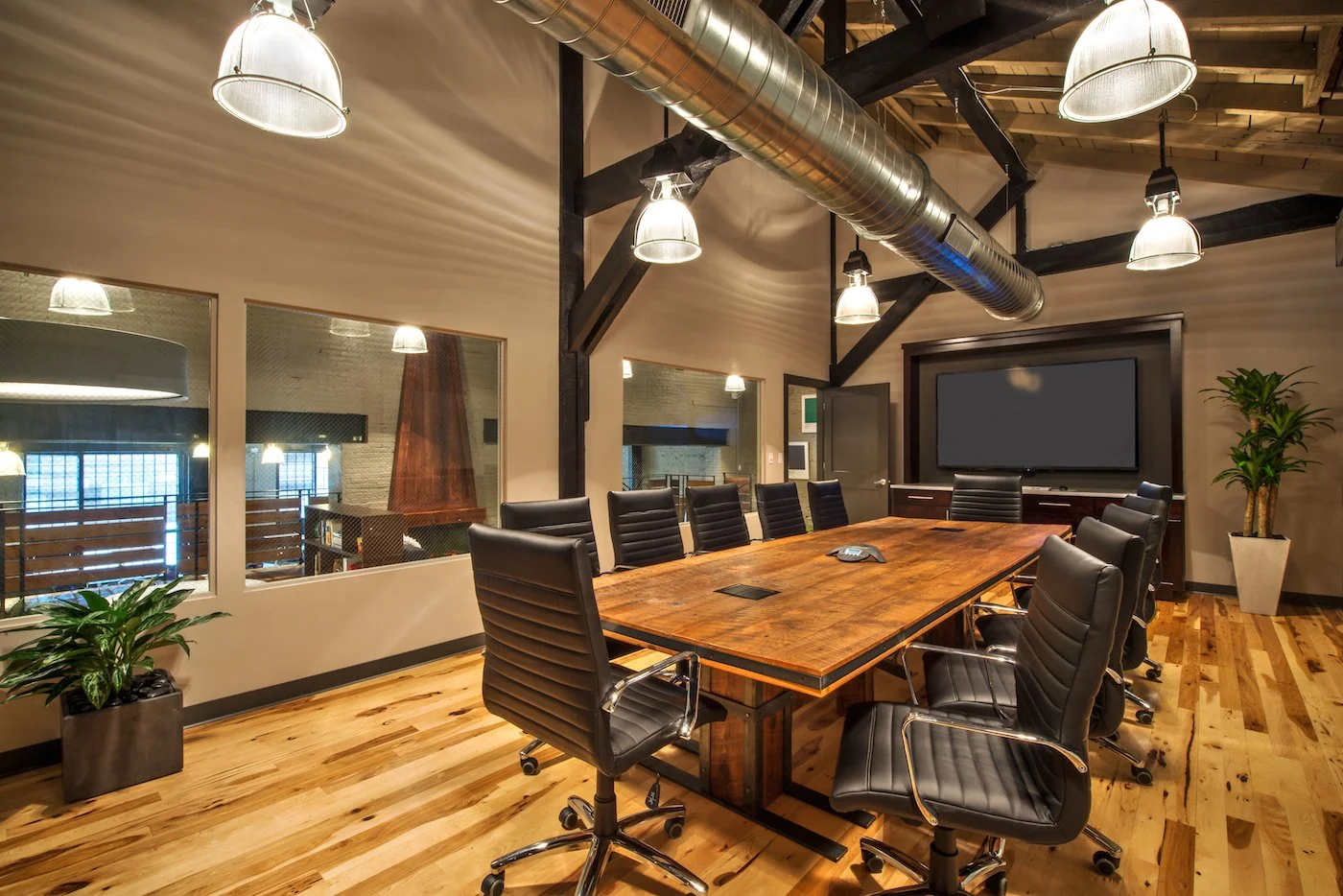 rustic reclaimed wood conference table industrial steel accents with cable management and outlets