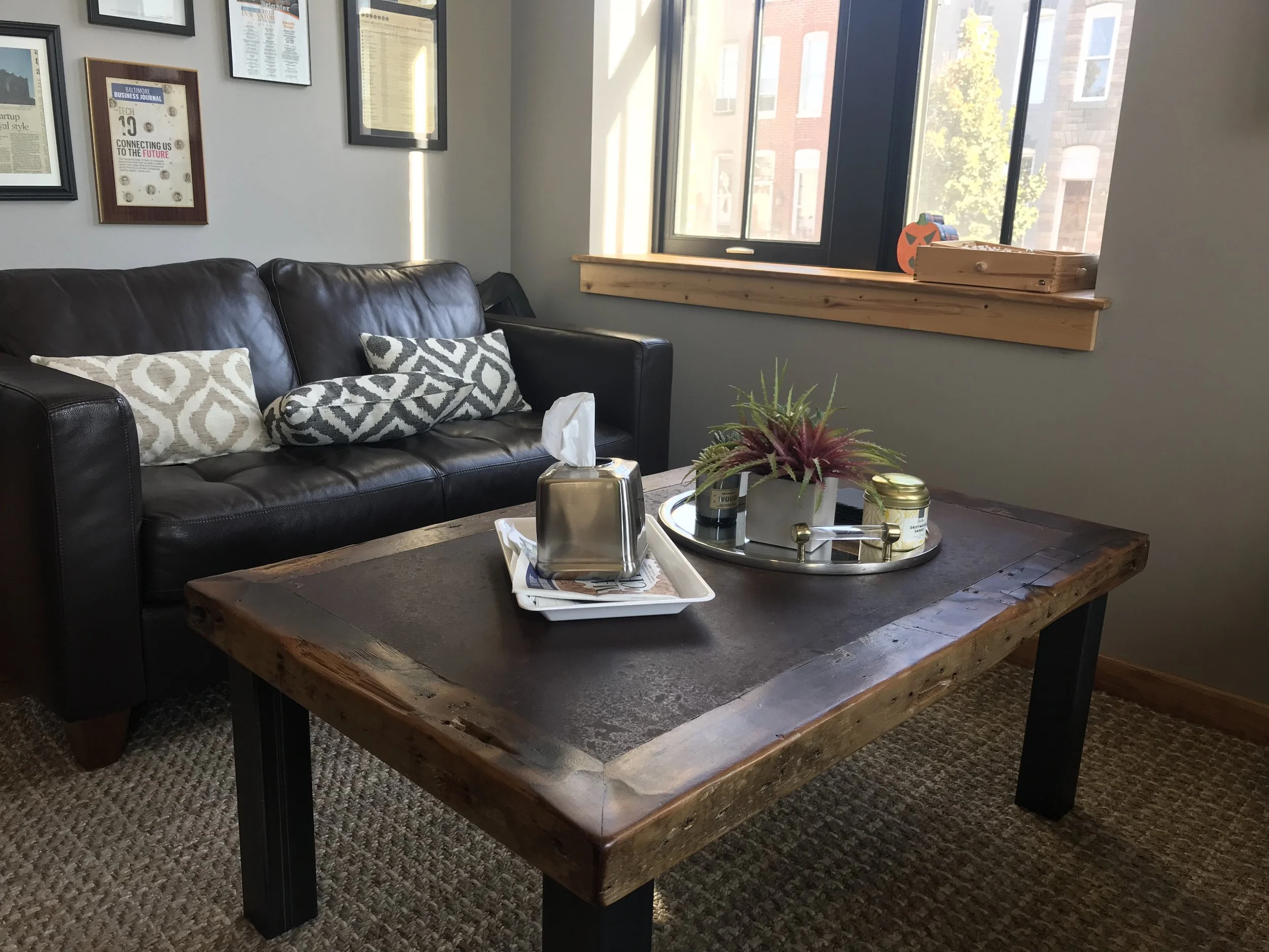 copper table top with reclaimed pine edge banding, steel legs, baltimore maryland custom woodworking metalworking, rustic refined look