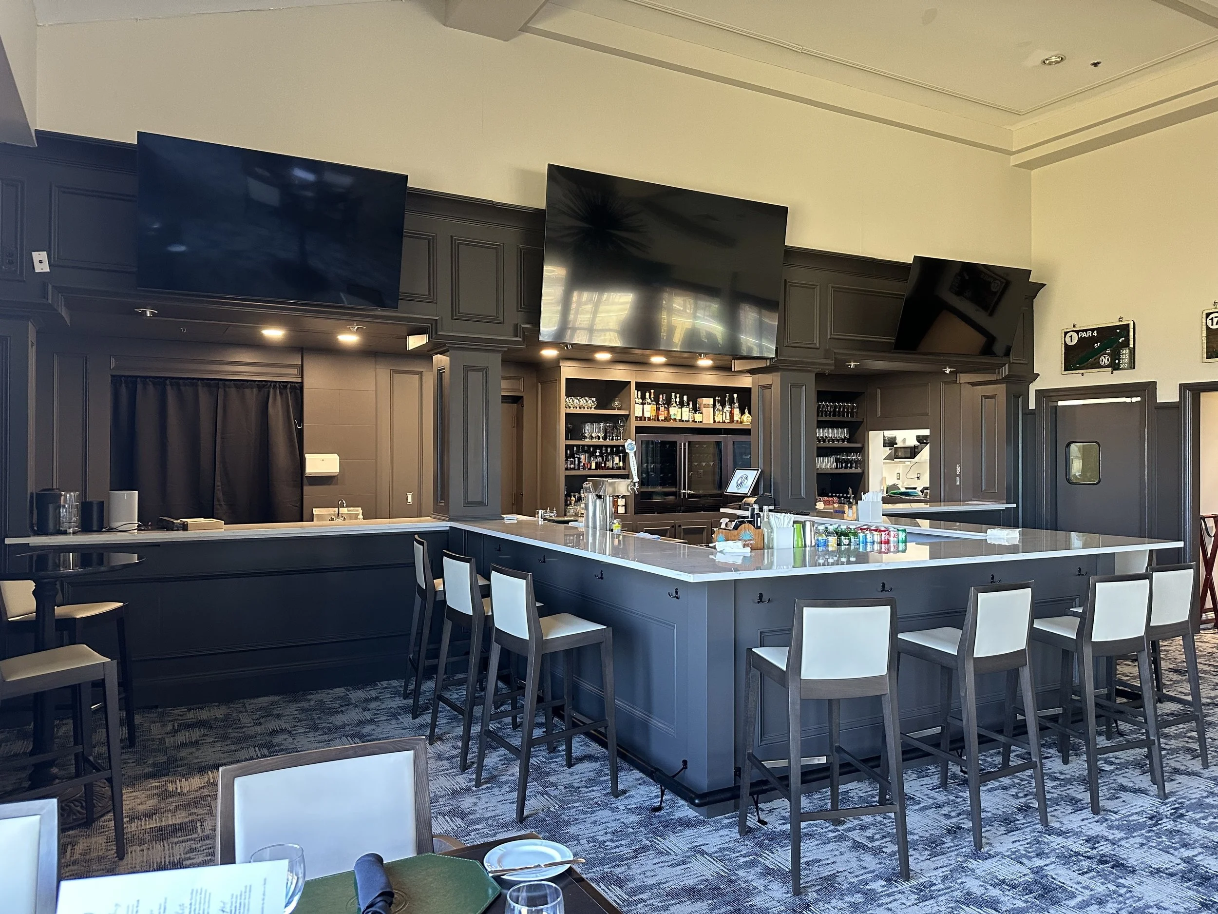 golf country club bar, custom woodwork to extend bar into center of room, custom woodwork baltimore maryland, matching existing millwork