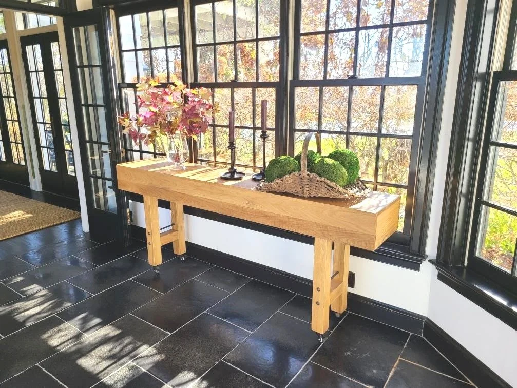 white oak farmhouse credenza thick top with hidden drawers in the ends