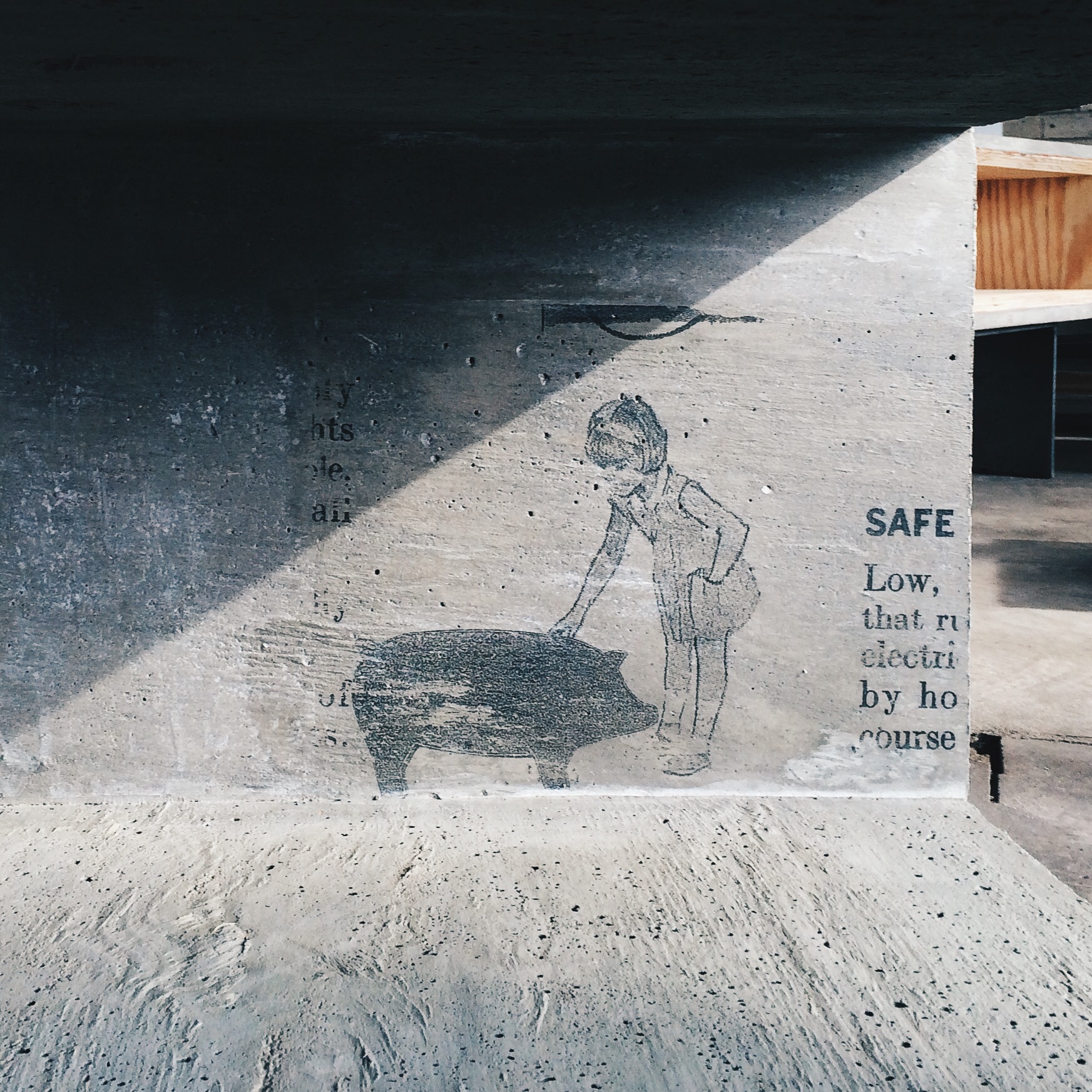A tattooed image on concrete. An old pamphlet insert, 1960's advertisement for modern lighting. Dissected, tweaked, magnified and combined with an image of a pig. Banksy-esque. Who undoubtedly has provided some level of subconscious inspiration. Just a girl and her pet pig. Permanently graffitied on a piece of furniture. Because why can't art live on furniture? Photo by @josefharris of @bodega_ltd