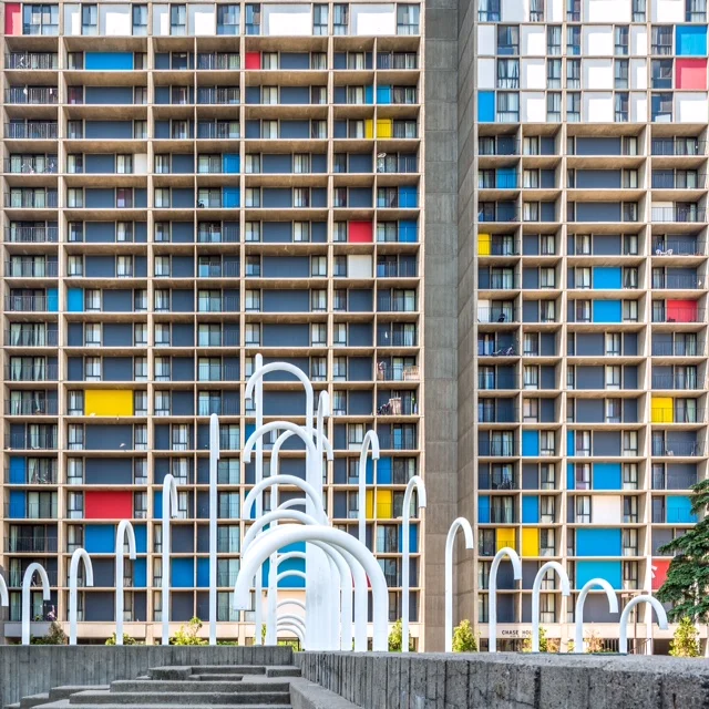 The Riverside Plaza: photo by @morgansheffphoto for @archmnmag. I love how Morgan has captured this space. Beautifully designed works of architecture that, in my opinion, doesn't get the attention or credit it deserves. Ralph Rapson's brutalist vision freeze-framed perfectly. And the Piet Mondrian inspired colored panels just pop off the screen. I love everything about these concrete structures. Makes me want to design and build my own concrete home...