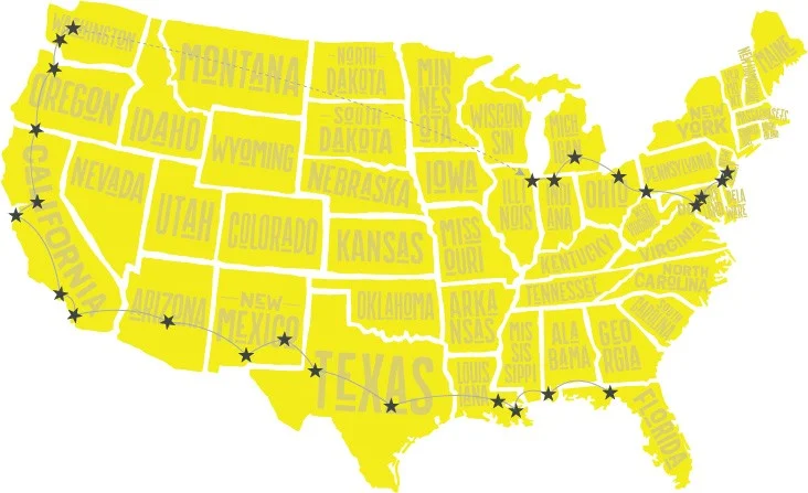 The Tour Route : Precious Gorgeous started in Florida, riding across the south to San Diego, California and then up to Washington. Catching a flight across the rockies, he flew from Seattle to Chicago before peddling back to New York City.