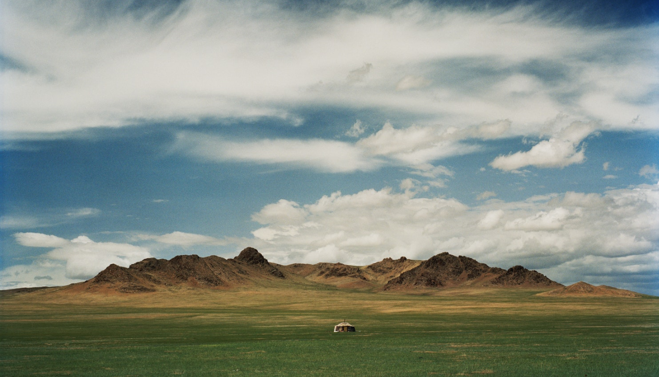 A Mongolian “ger” (гэр) or yurt, covered with skins and felt, the traditional home of nomads living on the expansive steppes of central Asia.