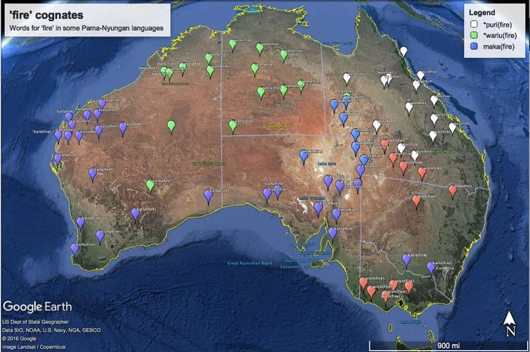 Different related words for ‘fire’ in certain Pama-Nyungan languages. Green dots show languages with a word for ‘fire’ related to *warlu; white has *puri; red has *wiyn; blue has *maka, and purple *karla. Chirila files (http://chirila.yale.edu) and google earth for base image.
