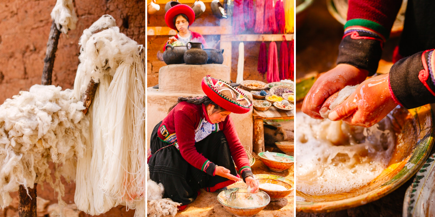 Above: In the home of Rosemary (22), a young Andean weaver in Piuray Lagoon, raw alpaca fibre and traditionally processed yarn hang from a branch. The raw alpaca fibres are carefully washed by hand using a soap prepared from the yuca root, preparing them to be hand spun into yarn.