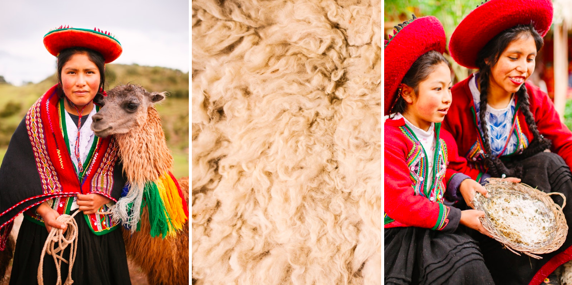 Above: Mariana (18), a young Andean girl from a traditional Quechua community in Piuray Lagoon, poses for a portrait with her llama. Both llamas and alpacas, domesticated species of camelid, provide lanolin-free fibres, making them soft and insulating, no matter the climate.