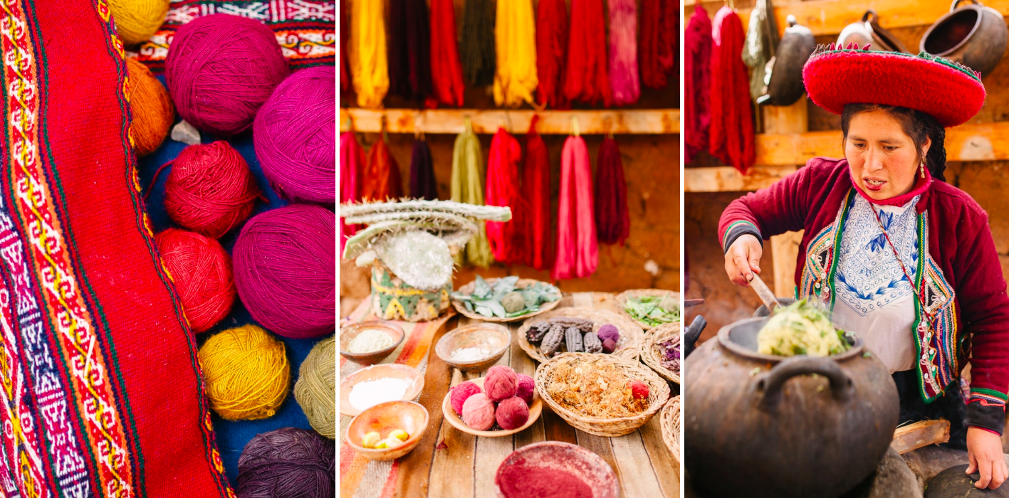 Above: The patterns on this fabric represent Mayu Qenqo (Meandering River), Pumac Makin (Puma Footprints), and the Piuray and Huaypo lagoons. Rosemary (22), a young Andean weaver from the Piuray Lagoon, checks the dye process of a natural ball of yarn inside the colouring pot. 