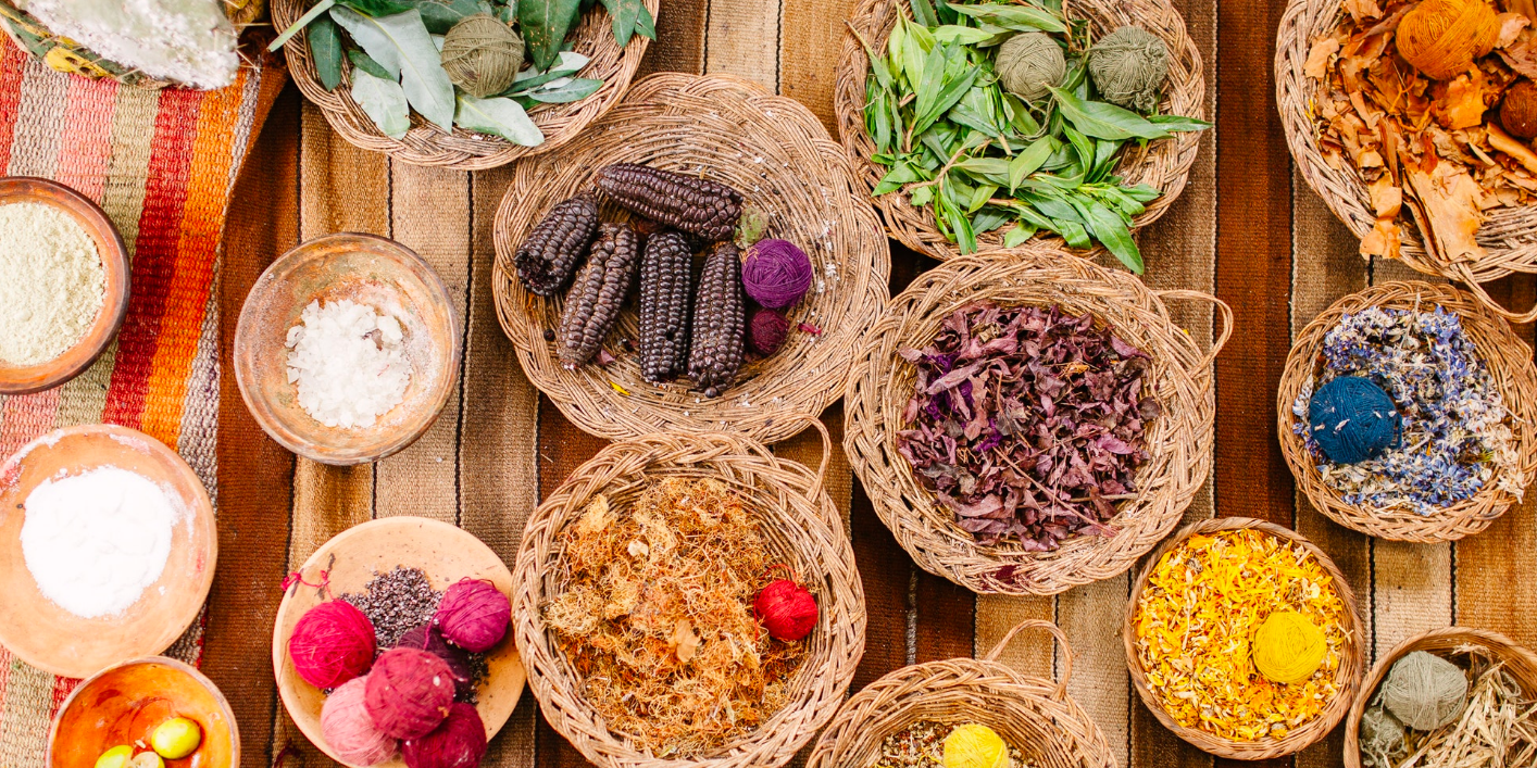 Above: A selection of natural produce such as purple corn, green coca leaves, blue flowers, cochineal, salts and beans, all found growing in the Urubamba Valley and the Andean highlands. They are used by local Quechua communities to create natural dyes for colouring fibre and wool.