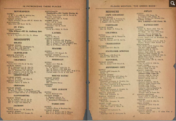 Pages from an original 1947 edition of the ‘Green Book’ highlight businesses in Mississippi and Missouri. Schomburg Center for Research in Black Culture, Manuscripts, Archives and Rare Books Division, The New York Public Library. 'The Negro Motorist Green Book: 1947' The New York Public Library Digital Collections. 1947