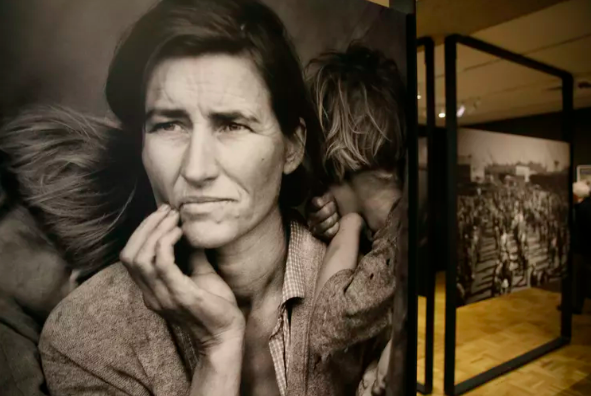 The iconic photograph ‘Migrant Mother’ by Dorothea Lange, on display at the Oakland Museum of California. AP Photo/Eric Risberg