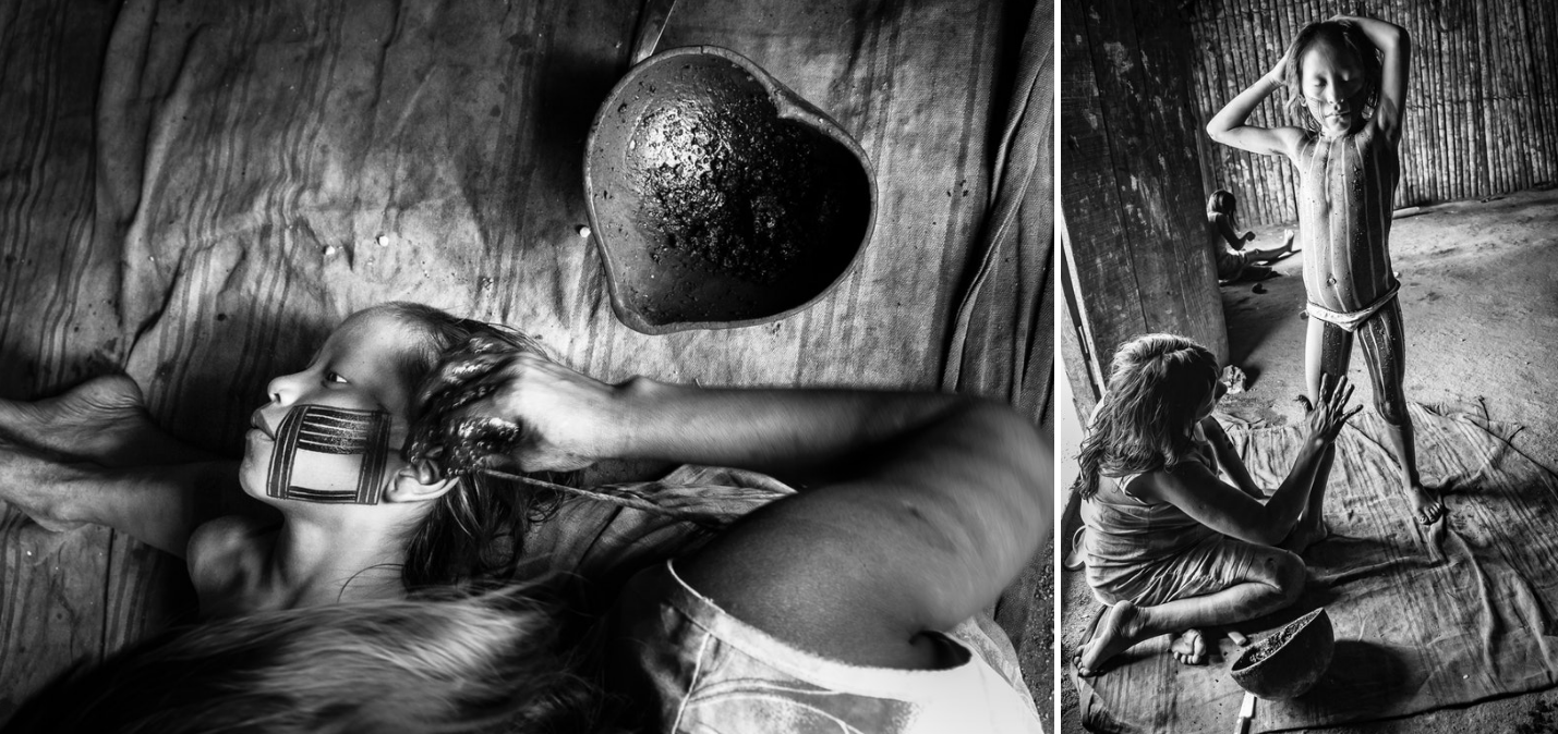 Young Kayapó children will sit or stand patiently for hours, as their mothers paint their bodies with genipap, a dye made from a forest fruit of the same name. Being painted, and painting others, is a very important form of social bonding in these remote Amazonian villages. Brazil
