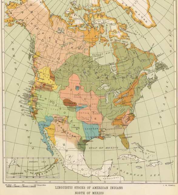 An 1894 map of indigenous North American languages shows how Native homelands span modern-day national borders. British Library