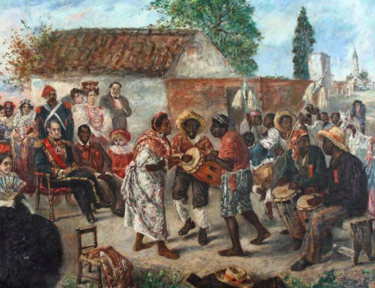 Painting depicting Argentine army officer General Juan Manuel de Rosas in a candombe, a Uruguayan music and dance that comes from African slaves. Martín Boneo. Wikimedia Commons / Public Domain
