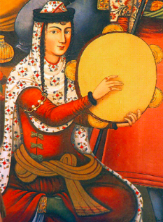 A Persian woman playing the Daf, a frame drum, from a painting on the walls of Chehel-sotoon palace, Isfahan, 17th century. Wikimedia Commons