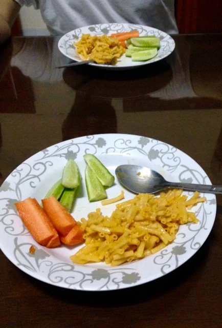This was a super exciting meal. We had Mac & Cheese this week (thanks to a thoughtful care package), and we lost our minds! We don't eat much dairy/cheese here, so we may have been licking our plates afterwards...