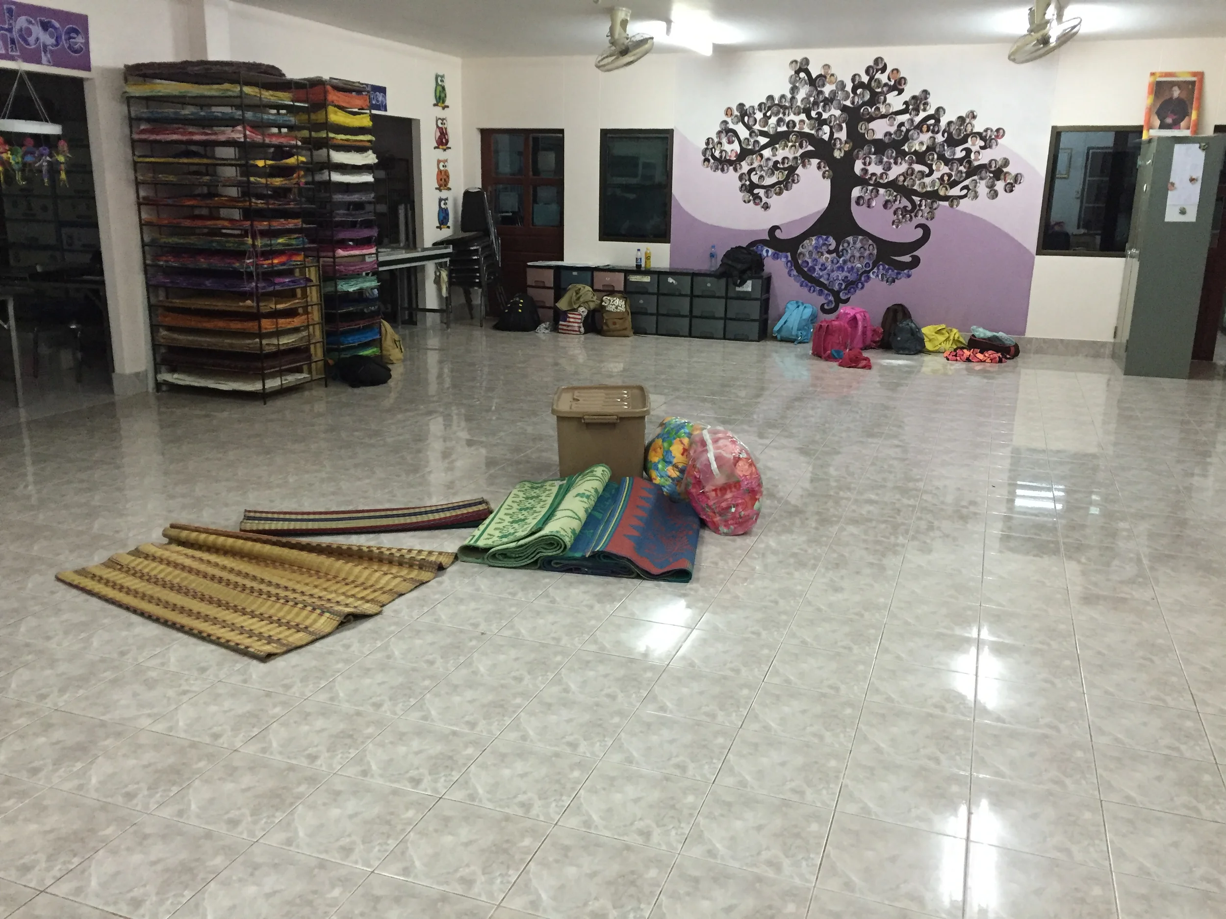  The room cleared, and some belongings in place for the sleep over.